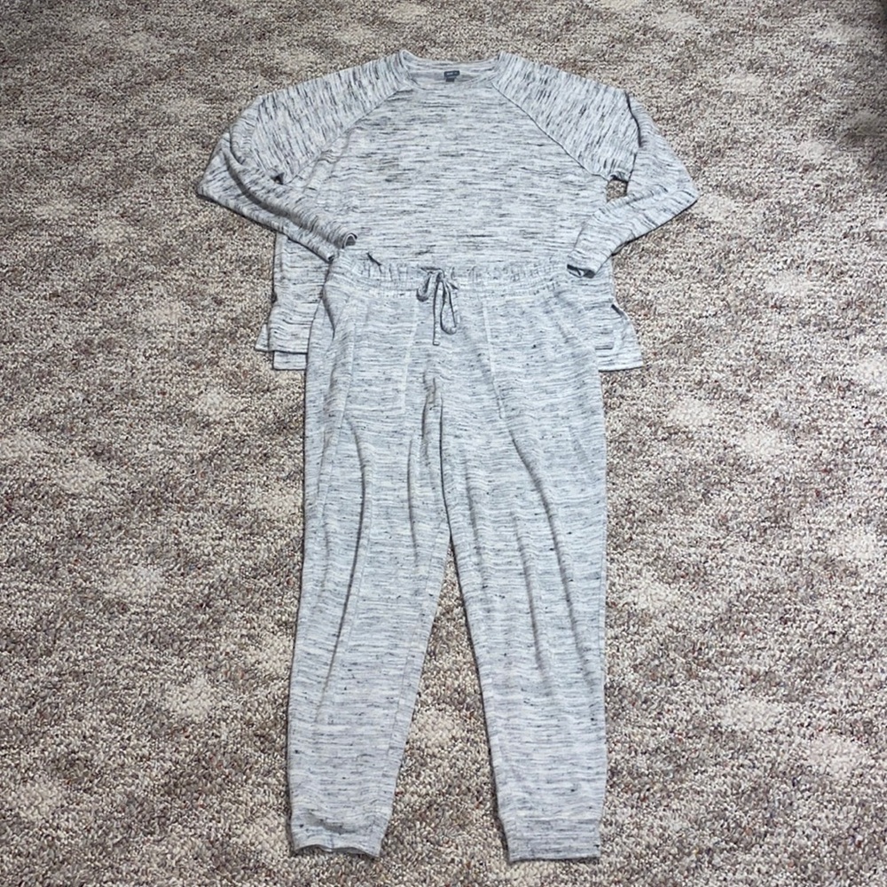 Aerie gray/white jogger suit/pajama set, size small top, size medium bottom